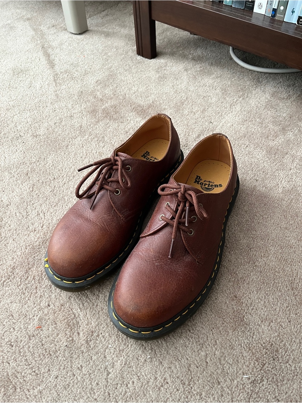 Dr. Martens Brown 3-Eye Derby Shoes with Yellow Stitching